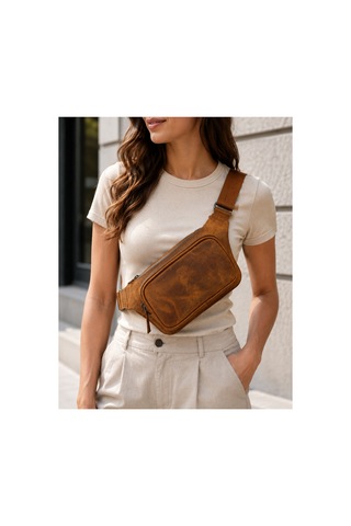 Alphaclub Bag Unisex Taba Hakiki Deri Çapraz Askılı Çok Bölmeli Postacı Omuz Ve Bel Çantası