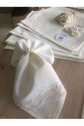 Buradabulabilirsin Sofra Takımı Lina Gardenya Keten Yemek Takımı 160x260 Masa Seti 26 Parça Runner Set Krem Bbz