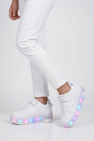 Beyaz Cırtlı Ortopedik Işıklı Unisex Çocuk Patenli Spor Ayakkabı Glow F