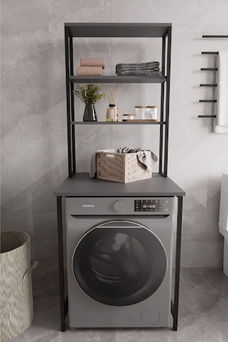 Çamaşır Makinası Dolabı Çamaşır Makinası Üstü 3 Raflı Düzenleyici Metal Banyo Dolabı Antrasit Antrasit