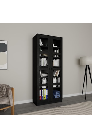 Lucas Cam Kapaklı Vitrin - Büfe - Kitaplık Ve Çok Amaçlı Dolap Ayarlanabilir Raf - Siyah Siyah
