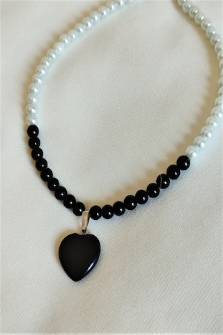 Bade Accessories 6 M Oniks Cam İnci Doğaltaş Kalp Choker Kolye Gümüş