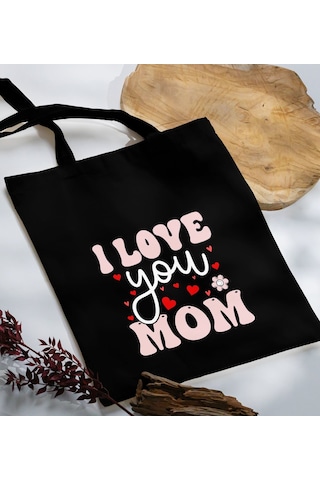 Bk Gift Anneler Günü Tasarımlı Siyah Kumaş Bez Çanta, Baskılı Omuz Çantası, Alışveriş Çantası, Anneler Günü Hediyesi, Anneye Hediye-2 Siyah