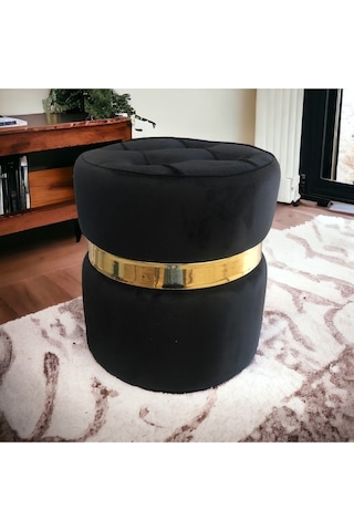 Yaren Home Dizayn Puf Lüks Silinebilir Kumaş Kapitoneli Gold Detaylı Siyah