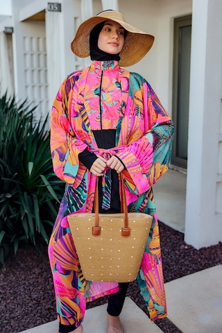 Remsa Tesettür Mayo Üzerine Tek Kaftan Kimono Pareo Pembe02 Rp023 Color Shell Pembe