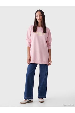 LC Waikiki Lc Waıkıkı Pembe Baskılı Kadın Kalın Sweatshirt Tunik