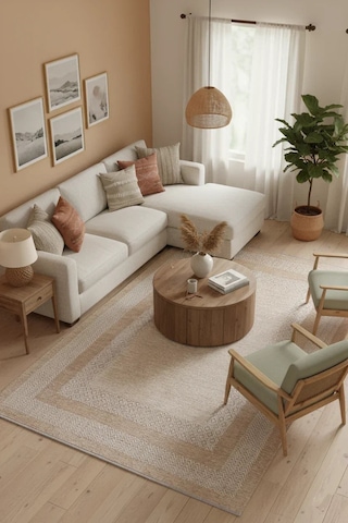 Beyaz Bej Modern Yıkanabilir Antibakteriyel Salon Halısı - Yo11543b Beyaz - Bej