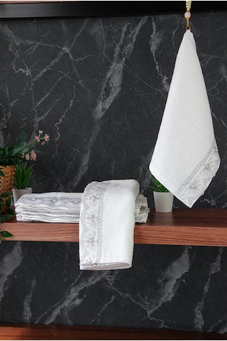% 100 Pamuklu Kadife Güpürlü İnci Işlemeli 6 Lı Çeyizlik El Yüz Havlu Seti - 30x50 Cm - 04466 - Gri Gri