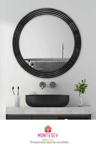Zümrüt Ahşap Siyah Yuvarlak Ayna Işlemeli Duvar Banyo Aynası 43cm Siyah