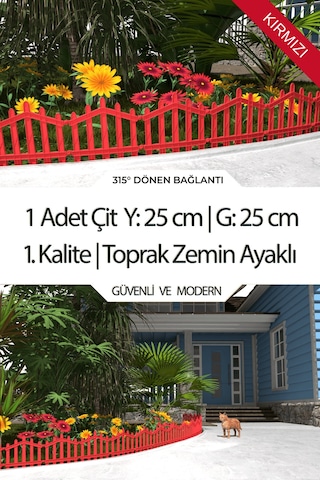Dekoratif Plastik Bahçe Çiti Ve Peyzaj Çiti 1 Adet Çit Y: 25 Cm / G: 25 Cm Toprak Ayaklı - Kırmızı