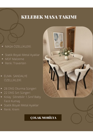 6 Kişilik Yemek Masa Takımı 1adet 80 X 130 Açılabilir Mdf Masa 6 Adet Elma Sandalye Krem - Traverten