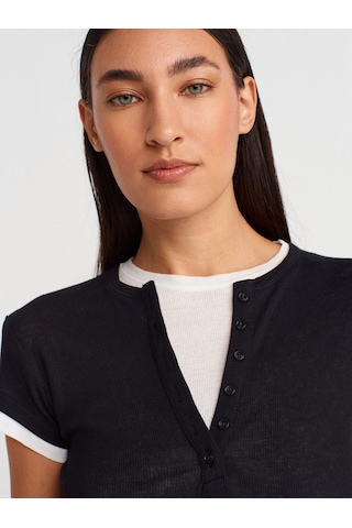 Dilvin 31783 Çift Katlı Düğmeli T-shirt-siyah SIYAH
