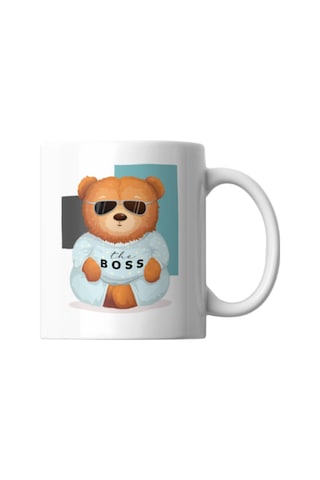 Boss Bear Baskılı Porselen Kupa Beyaz Beyaz