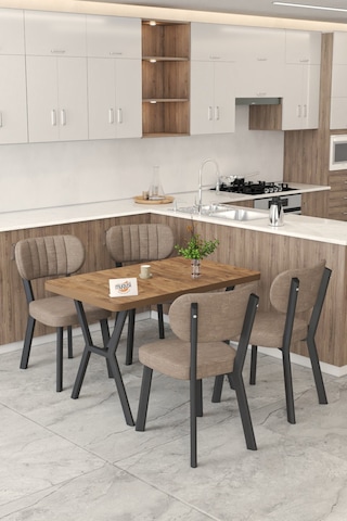Gnr 70x110cm Sabit Atlantik Mutfak Masası Takımı, Yemek Masası, 4 Modern Cappucino Sandalye Cappuccino