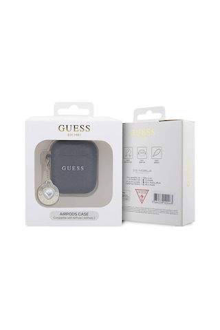 Apple Uyumlu AirPods Kılıf Guess Lisanslı Glitter Elmas Kalp Süs Zincirli Siyah