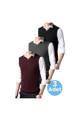Tezzgelsin 3'lü Erkek V Yaka Triko Tüylenmez Süveter Erkek Slim Fit Süveter Bordo - Füme - Siyah
