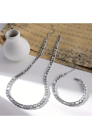 Gns Aksesuar Silver Renk Unisex Figaro Model Zincir Kolye Ve Bileklik Set 2,5