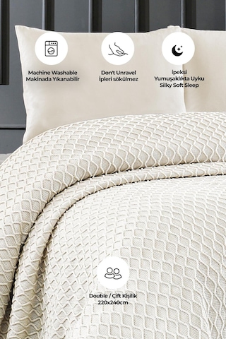 Akrilik Örgü Battaniye Çift Kişilik 220 X 240 Cm Yatak Örtüsü Pike Poly Krem