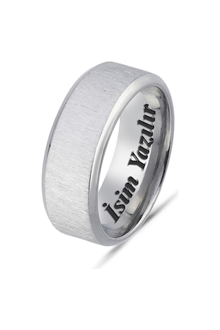Takı Dükkanı Kişiye Özel İsim Yazılı Köşeli 8mm Mat Fırçalanmış Düz Unisex Çelik Yüzük Alyans Cl48y Beyaz