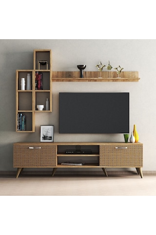 Mega 180 lik Kitaplıklı Raflı Tv Ünitesi Çam Hazeran Kapaklı - TV