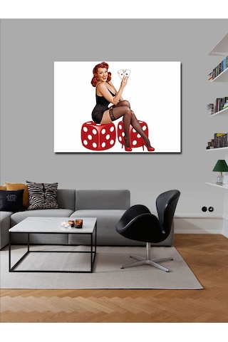 Kanvas Tablo Kırmızı Zar Üzerinde Oturan Pin-up Kız
