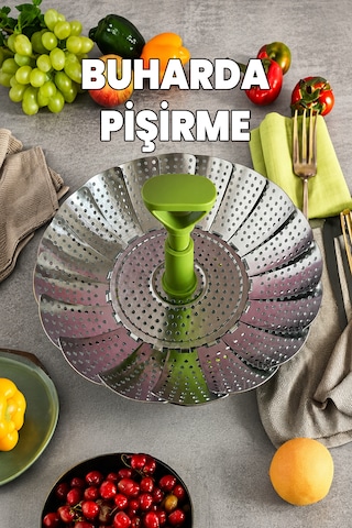 El Yakmaz Buharda Pişirme Aparatı - Süzgeç - Ayaklı Katlanır Yer Kaplamaz - Haşlama - Kaliteli Paslanmaz Çelik
