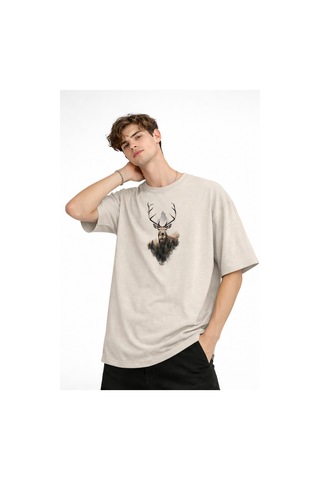 Misa Tahtakale Deer - Oversize Erkek Tişört Bej Çok Renkli