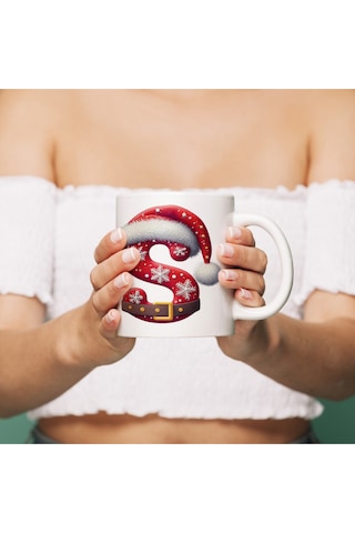 S Harfi Yılbaşı Temalı Bardak 330 Ml Harfli Kişiye Özel Hediye - Yeniyıl / Noel Şapka Tasarım Beyaz