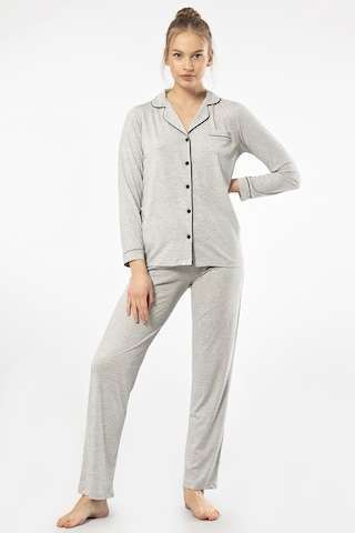 Türen 3365 Kadın Uzun Kollu Gömlek Yaka Pijama Takım-gri Gri