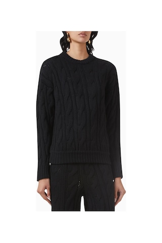 Rowen Rose Roundneck Sweater, Lüks Yün Örgü Rahat Ve Zamansız Triko Siyah