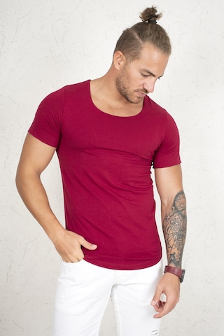 Deepsea Erkek Bordo Geniş Yaka Likralı Tişört Oval Yaka Slim Fit Eteği Oval Açık Yaka T-shirt 1801199 Bordo