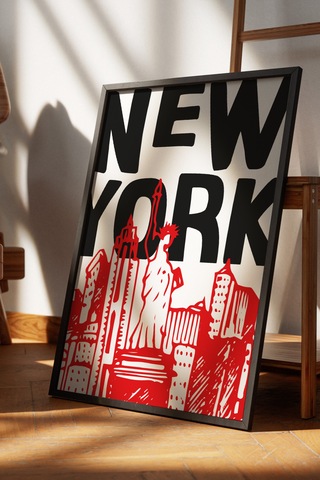 New York Kırmızı Siyah Dekoratif Tasarım Poster Tablo Siyah Çerçeveli