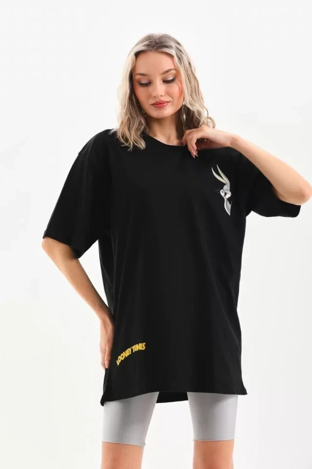 Modi Unisex Baskılı Oversize T-shirt - Siyah Açık Siyah