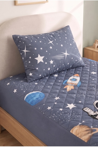 Astronot Desen Tek Kişilik Kapitone Fitted Su Sıvı Geçirmez Yatak Alezi Seti 1 Adet Yastık Kılıflı Gri