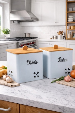 Bambu Kapaklı Kare Metal Patates Soğanlık Decorev Beyaz Dc 7101 Beyaz