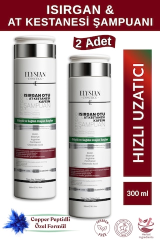 Elysian Essence Isırgan Otu & At Kestanesi & Kafein Şampuanı 2 Adet Copper Peptidli Hızlı Saç Uzatma Uzatan Etkili 300 Ml Tüm Saç Tipleri