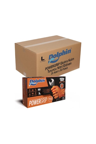 Dolphin Nitril Powergrip Ekstra Kalın Elmas Dokulu Eldiven Turuncu Large Büyük Boy - 50'li 20 Paket