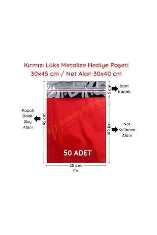 30x45 Cm Kırmızı Renk Bantlı Lüks Metalize Hediyelik Poşet 50 Adet