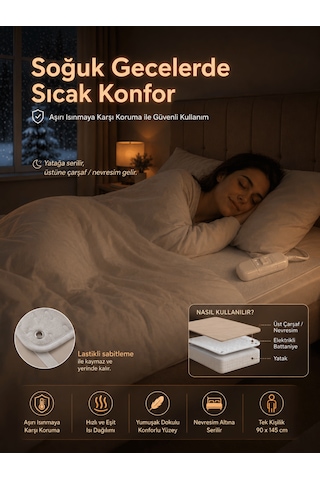 Beylini Omak Tek Kişilik Elektrikli Battaniye Tam Güvenlikli Dayanıklı Çift Kademeli Termostatlı Elektrikli Yatak Isıtıcı 90x145 Cm Beyaz