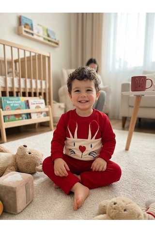 Güneş Kids Kız Çocuk Tavşan Figürlü İkili Takım Kırmızı