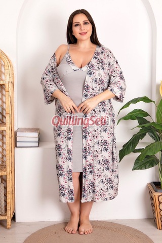 Gri Renk Çiçek Desenli Lady 19208 Askılı Büyük Beden Sabahlıklı Gecelik Takım Açık Gri