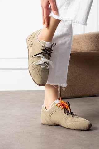 Shoetek Wanca Kadın Sneakers Çift Renk Bağcıklı Spor Ayakkabı Bej Süet Bej Süet Bej