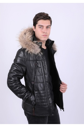 New Zaya Leather Erkek Kapüşonlu Şişme Deri Mont Siyah