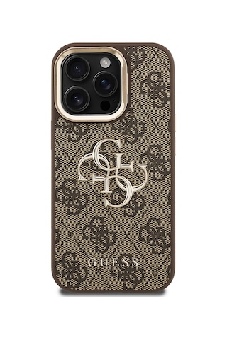 Apple iPhone 15 Pro Max Uyumlu Kılıf Guess Lisanslı Metal 4g Ve Yazı Logolu Kamera Standlı Kapak Kahve