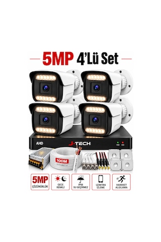 J-tech K1015 5mp Renkli Gece Görüşlü 4 Lü Akıllı Güvenlik Kamera Seti Yüz Ve Araç Tanıma