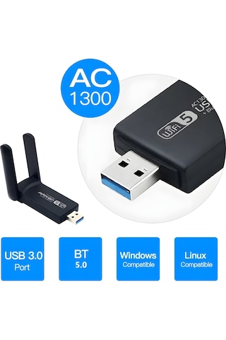 Nivego Ac1300 Mbps Usb 3.0 Adaptör Çift Anten Kablosuz Wifi Alıcı
