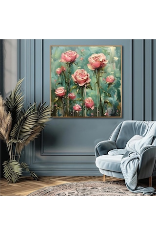 Yağlı Boya Dokulu Tablo Modern Pembe Güller Altın Çerçeveli U02058-178911