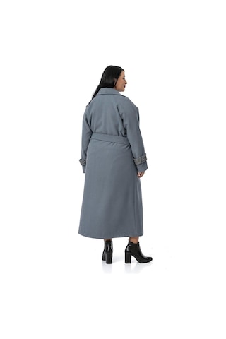 Büyük Beden Deri Biye Detaylı Fleto Cepli Kuşaklı Astarlı Kaşe Uzun Mavi Kaban Mavi