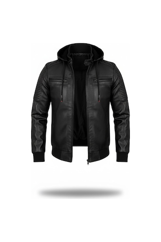 Erkek Siyah Dar Kesim Kapüşonlu Bel Lastikli Ribanalı Deri Ceket & Mont Siyah