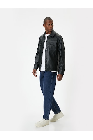 Koton Deri Görünümlü Ceket Slim Fit Düğmeli Cep Detaylı Siyah 5wam20050hw Siyah